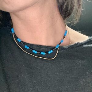Blue Beaded Necklace with Gold Chain